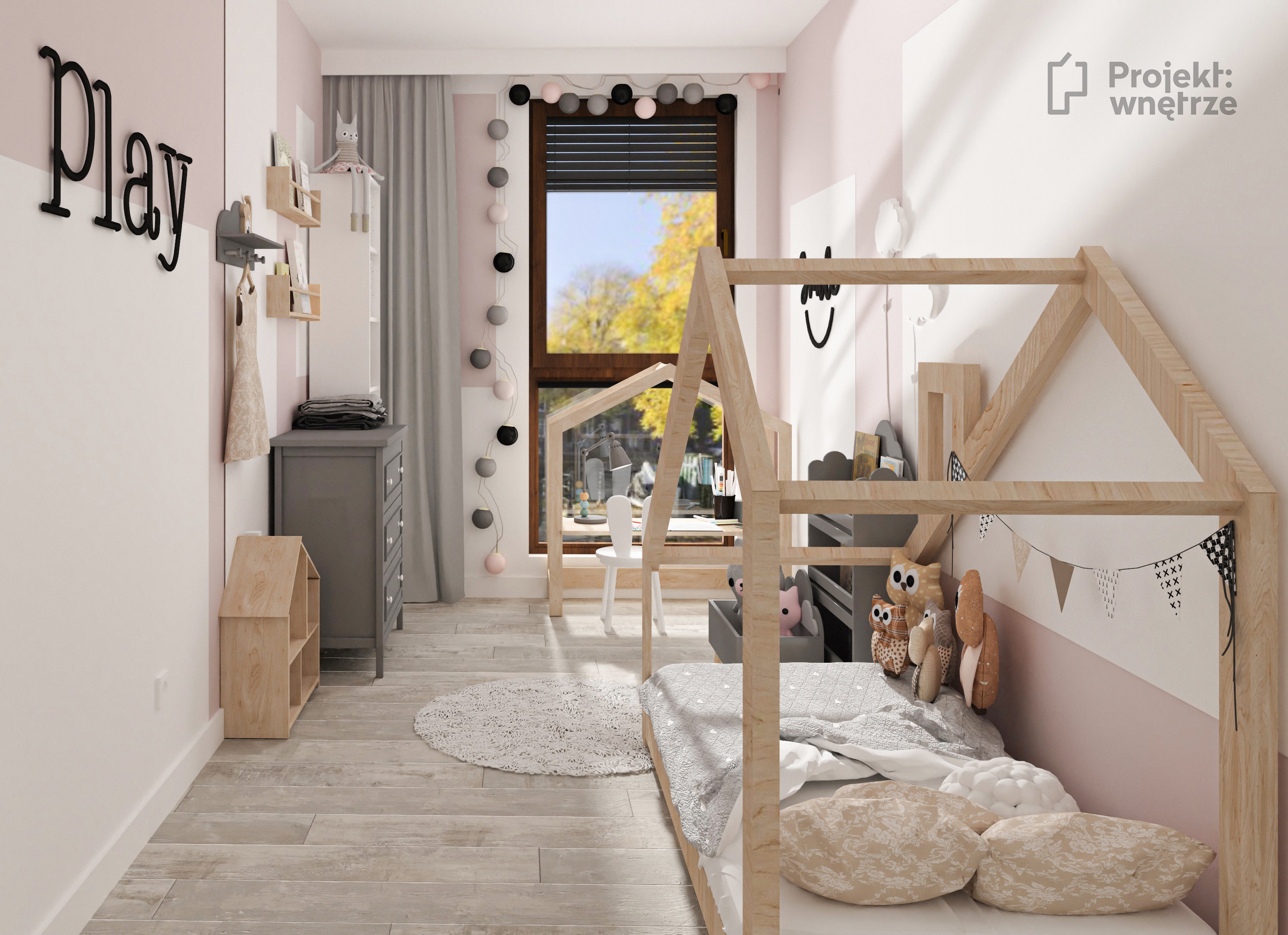 Pokój dla dziewczynki róż szarość biel łóżko domek - projekt pokoju dziecięcego - www.projektwnetrze.com.pl