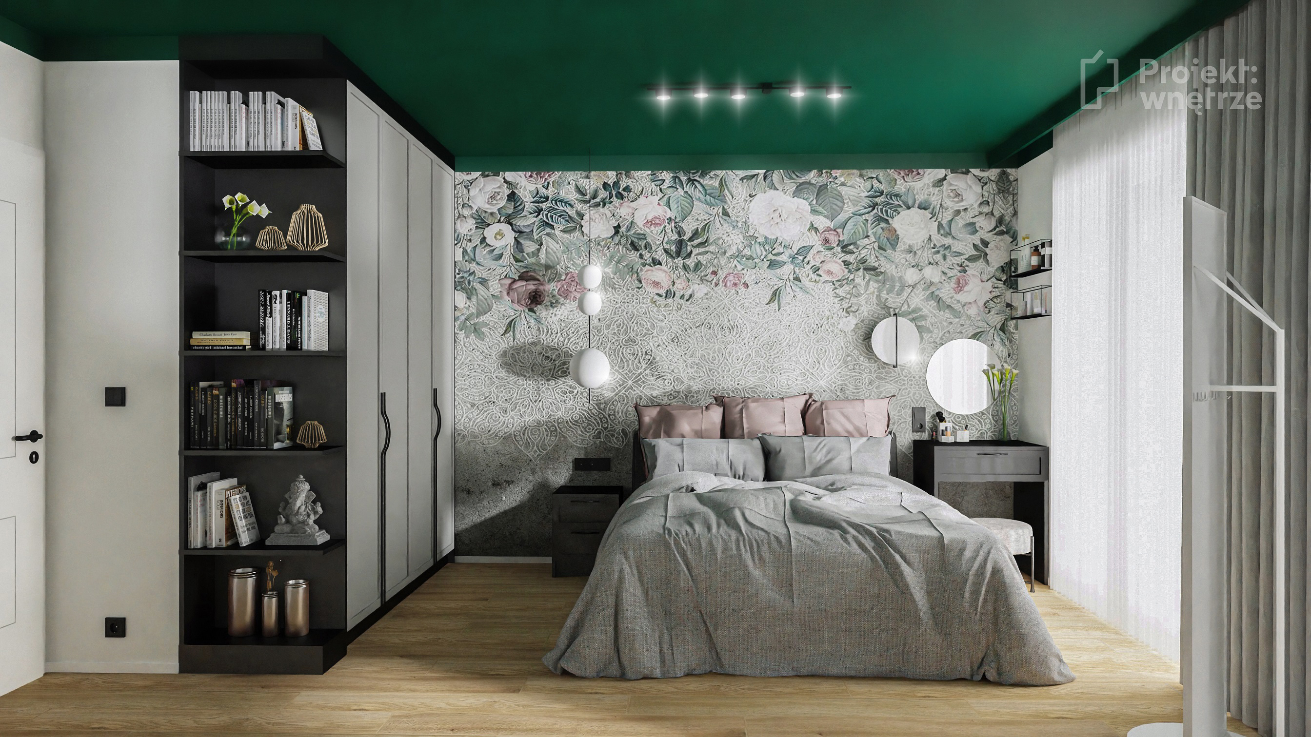 Projekt wnętrze projekt sypialni zieleń szarość drewno czerń tapeta sztukateria toaletka Ikea Zfabryki - projektowanie wnętrz online Warszawa